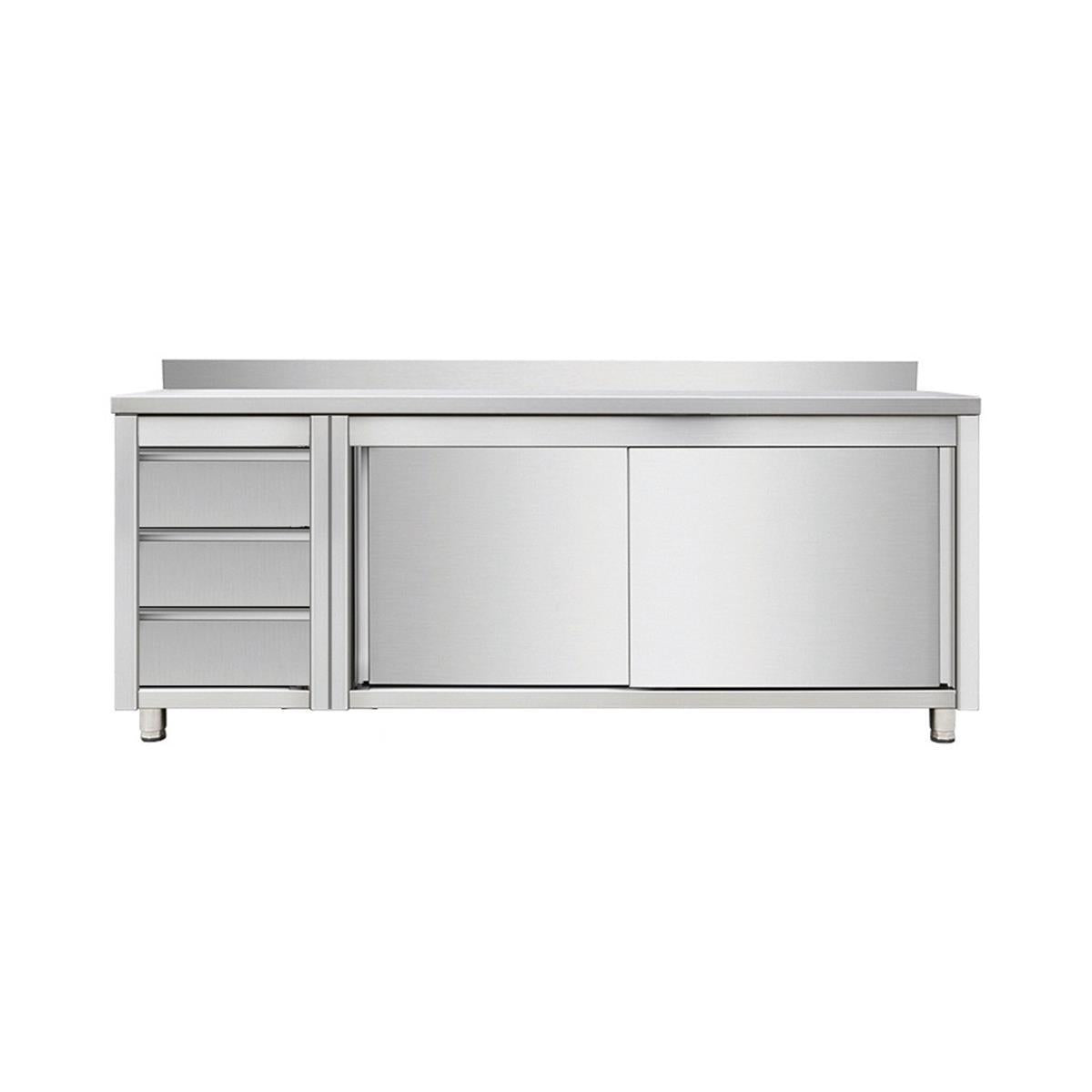 Work cabinet with sliding doors and drawer unit left, with upstand, 1600 x 700