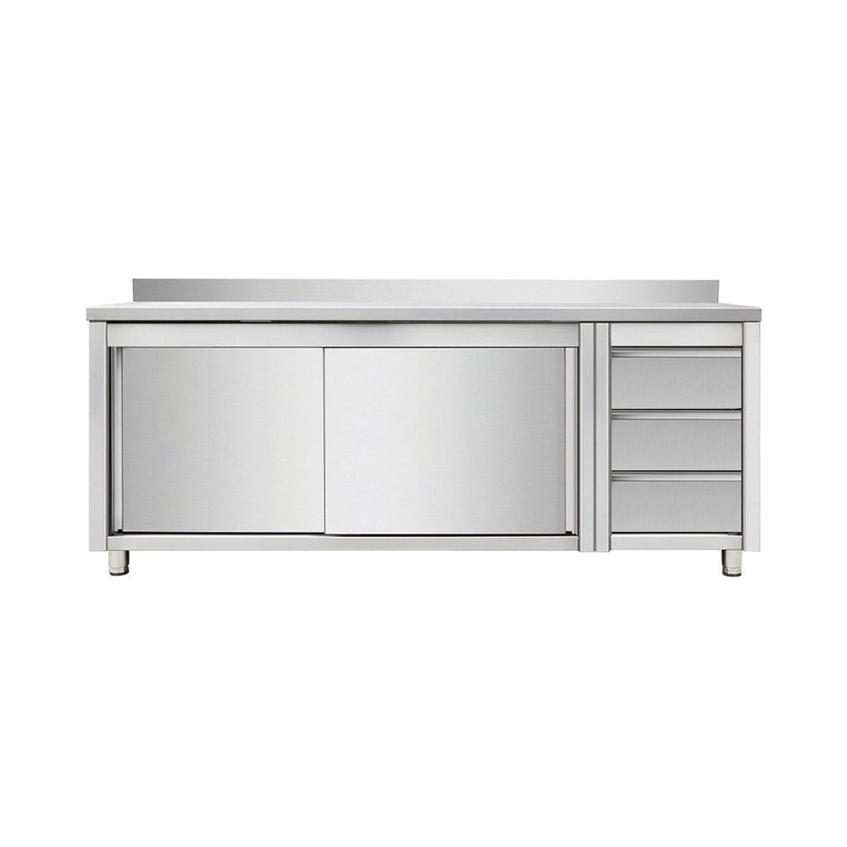 Work cabinet with sliding doors and drawer unit on the right, with upstand, 1600 x 700