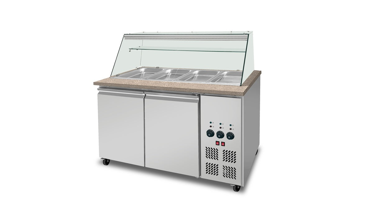 SNACK-Line Bain-Marie Theke 3x GN1/1, Granit rosa-grau, 123x82x85,5 Glasaufbau Klarglas mit Zwischenablage, H=496mm