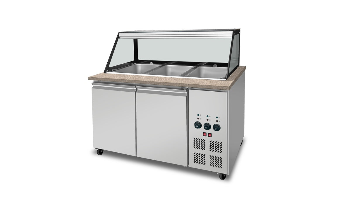 SNACK-Line Bain-Marie Theke 3x GN1/1, Granit rosa-grau, 123x82x85,5 Glasaufbau Klarglas schwarzer Rand, ohne Zwischenablage, H=396mm