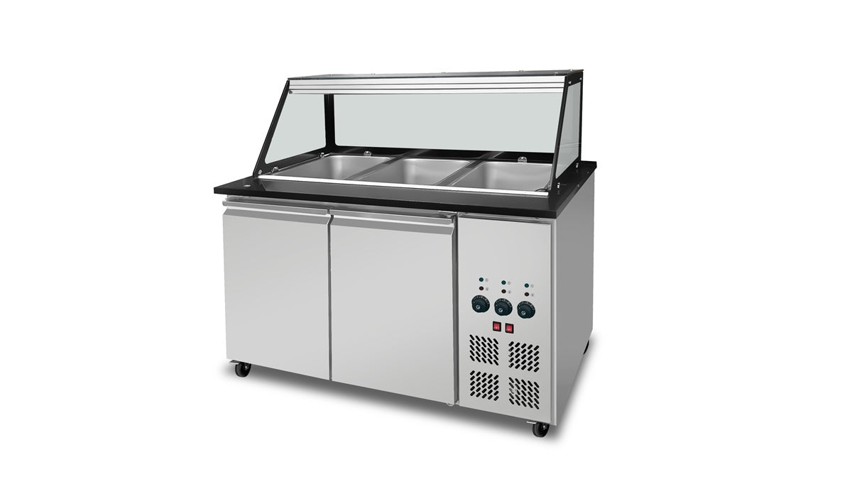 SNACK-Line Bain-Marie Theke 3x GN1/1, Granit Star Galaxy schwarz, 123x82x85,5 Glasaufbau Klarglas schwarzer Rand, ohne Zwischenablage, H=396mm