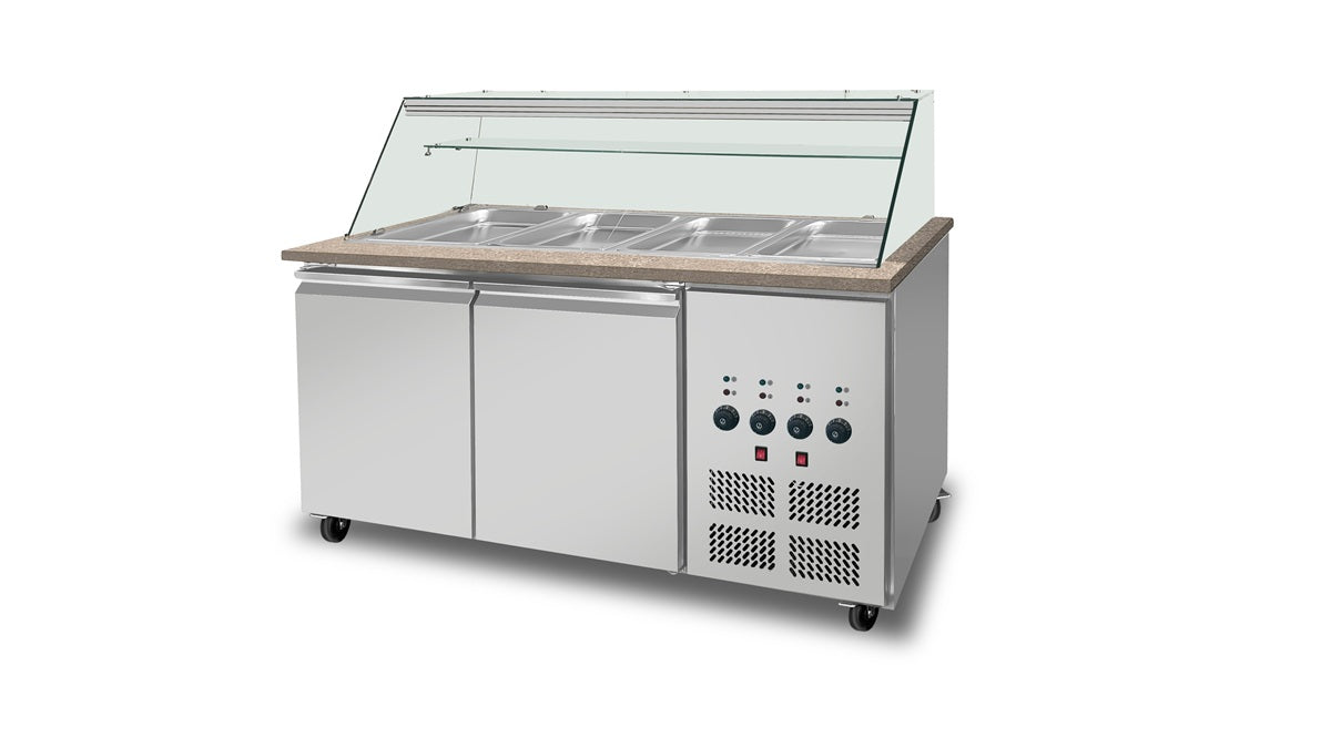SNACK-Line Bain-Marie Theke 4x GN1/1, Granit rosa-grau, 153x82x85,5 Glasaufbau Klarglas mit Zwischenablage, H=496mm