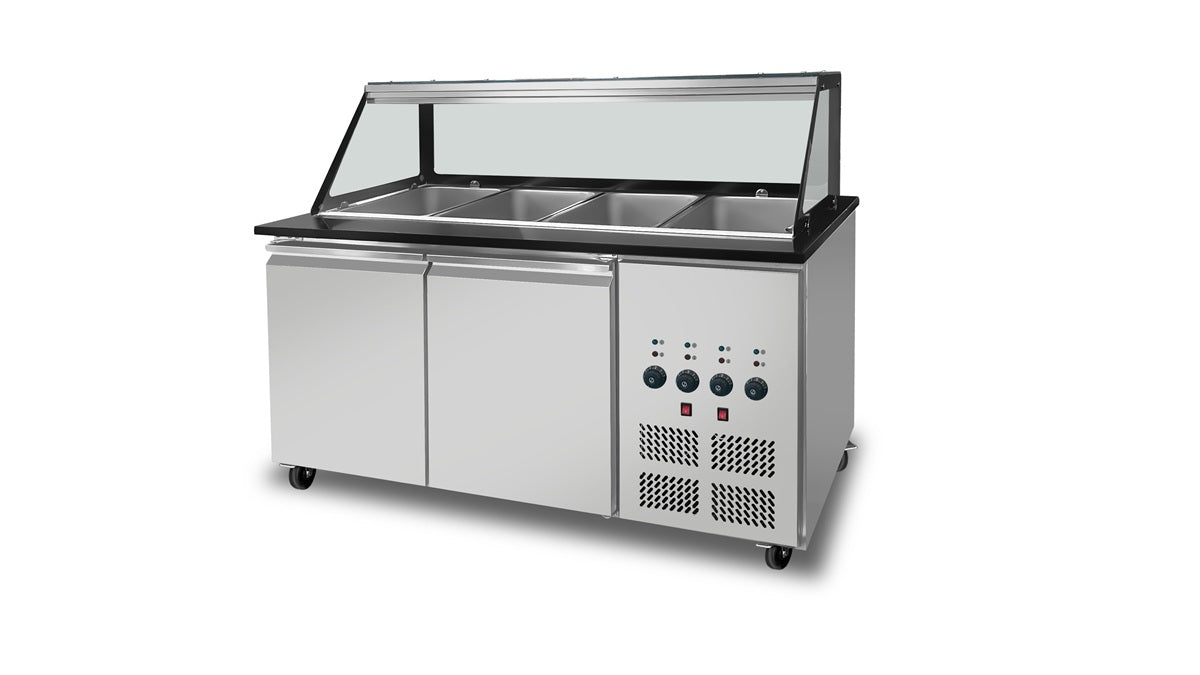 SNACK-Line Bain-Marie Theke 4x GN1/1, Granit Star Galaxy schwarz, 153x82x85,5 Glasaufbau Klarglas schwarzer Rand, ohne Zwischenablage, H=396mm