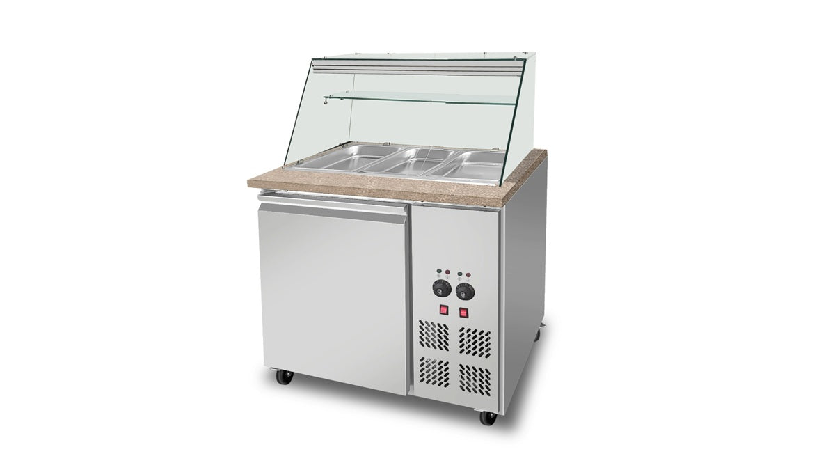 SNACK-Line bain-marie counter 2x GN1/1, granite pink-grey, 88x82x85.5 Glass superstructure clear glass with clipboard, H=496mm