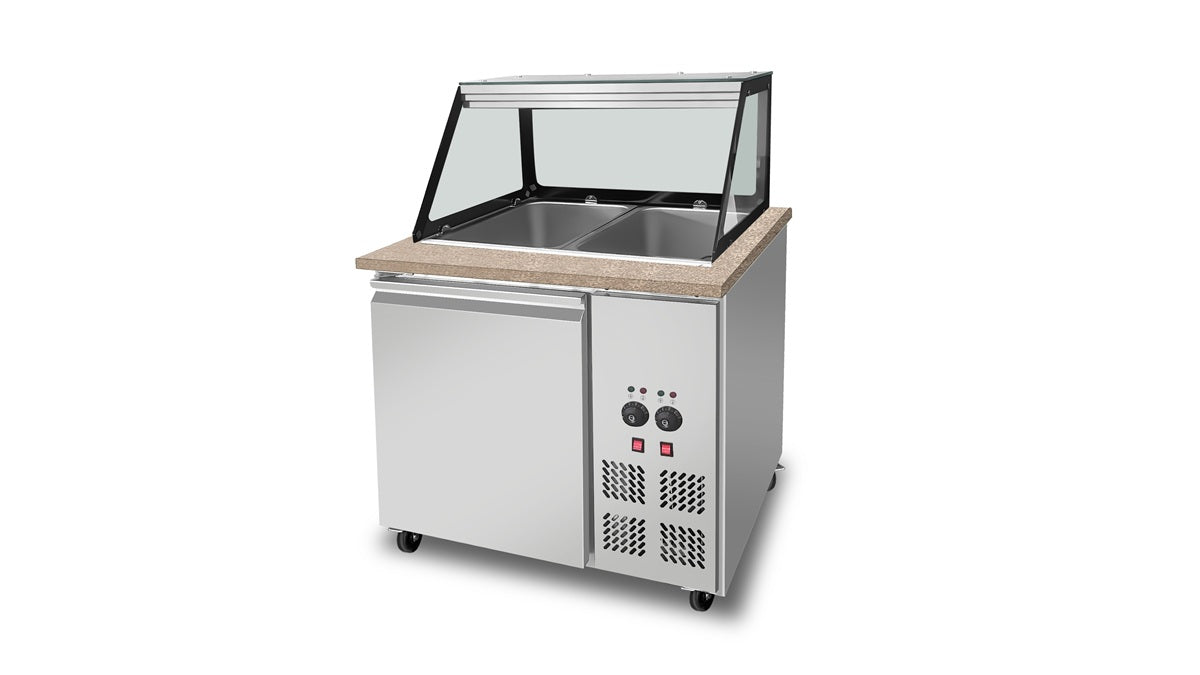 SNACK-Line Bain-Marie Theke 2x GN1/1, Granit rosa-grau, 88x82x85,5 Glasaufbau Klarglas schwarzer Rand, ohne Zwischenablage, H=396mm