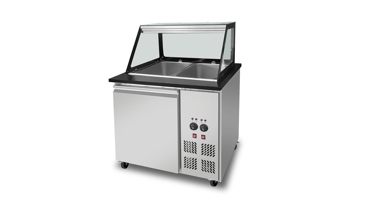SNACK-Line Bain-Marie Theke 2x GN1/1, Granit Star Galaxy schwarz, 88x82x85,5 Glasaufbau Klarglas schwarzer Rand, ohne Zwischenablage, H=396mm