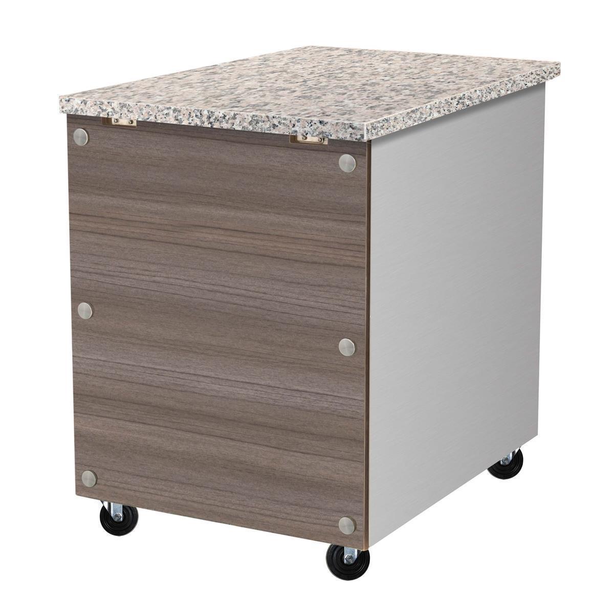 Stainless steel cash desk, pink-grey granite, with wooden cladding, 80 x 82