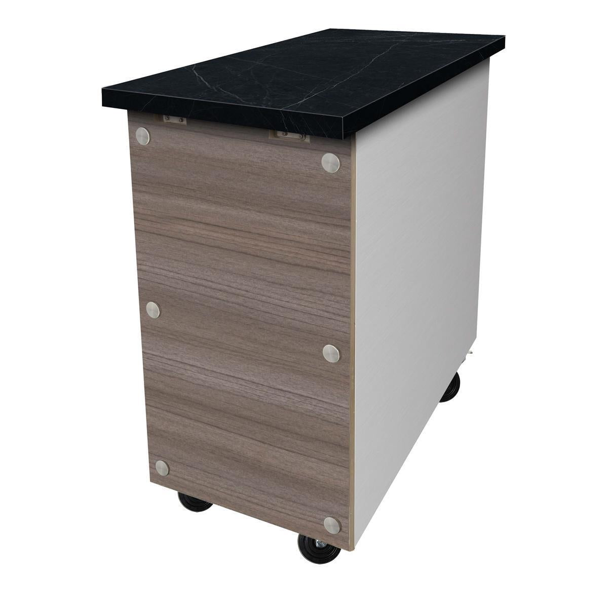 Stainless steel cash desk, Star Galaxy black granite, with wooden cladding, 80 x 82