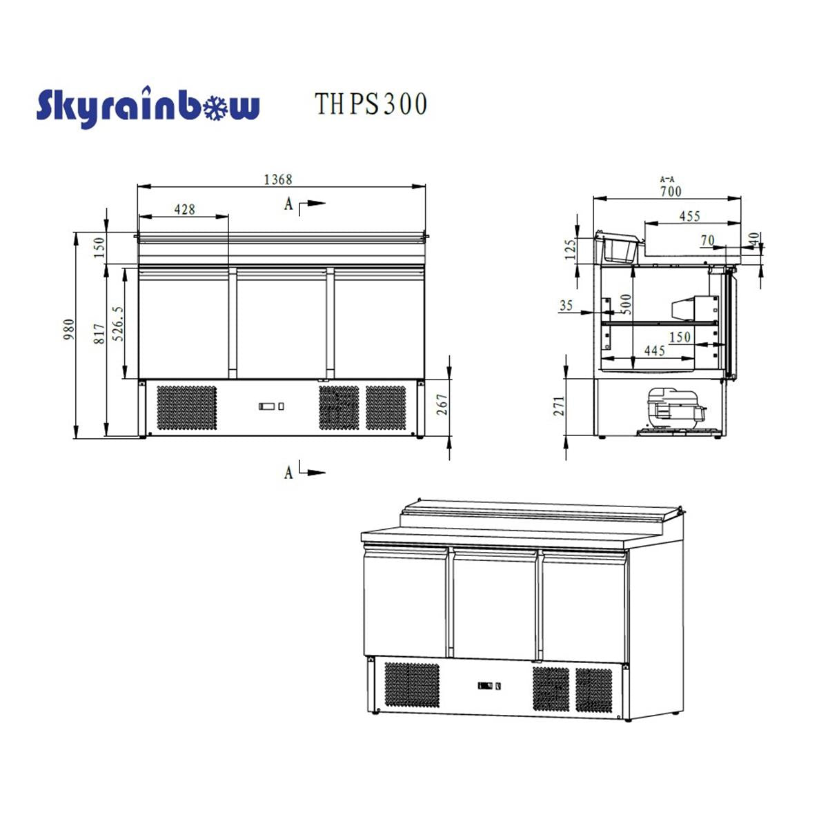 Saladette/preparation table 3 doors, under-counter cooling, 137x70 - Image 5