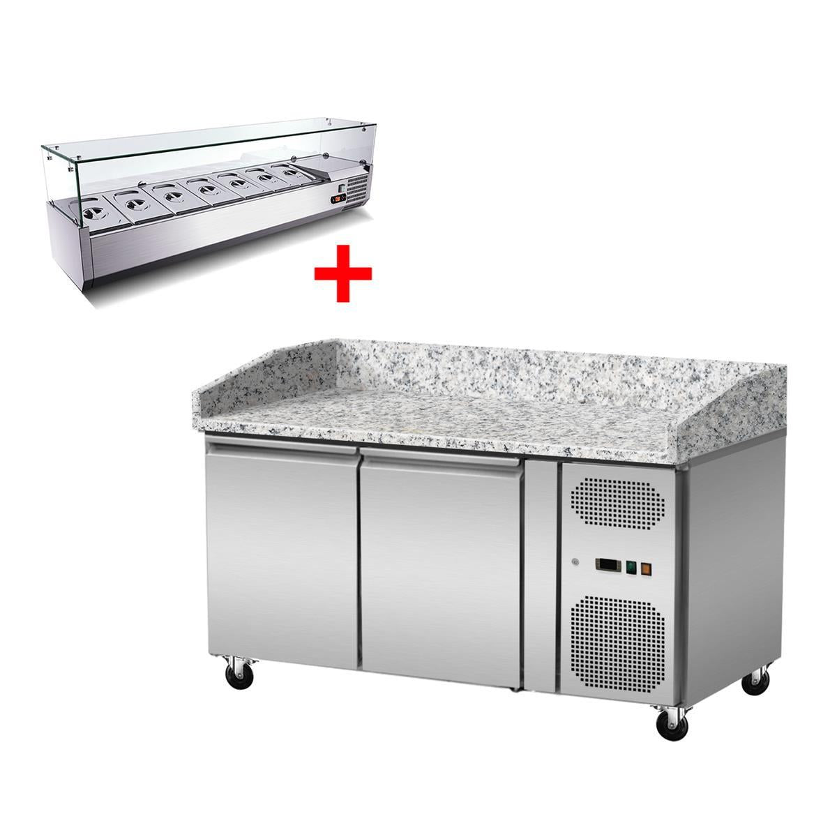 Pizza cooling table, granite pink-grey, 2 doors, 151 x 80 Cooling top GN1/4 with glass