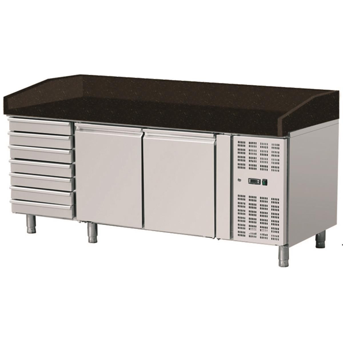 Pizza refrigerated counter, Granite Star Galaxy black, 2 doors, 7 unglazed drawers, 203x80