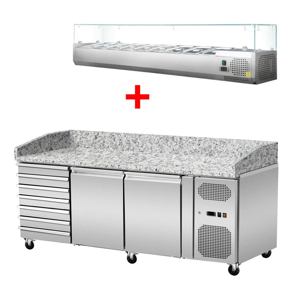 Pizza cooling table, pink-grey granite, 2 doors 7 uncorked drawers, 203 x 80 GN1/4 cooling top with glass