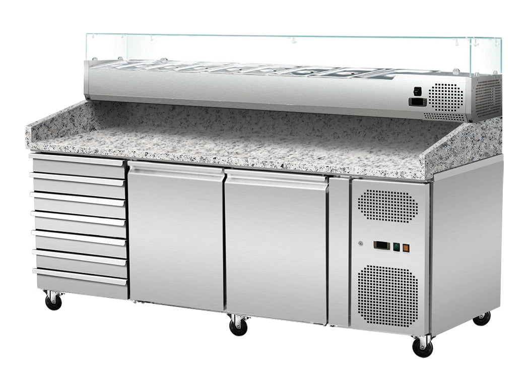 Pizza cooling table, pink-grey granite, 2 doors 7 uncorked drawers, 203 x 80 GN1/4 cooling top with glass - Image 2