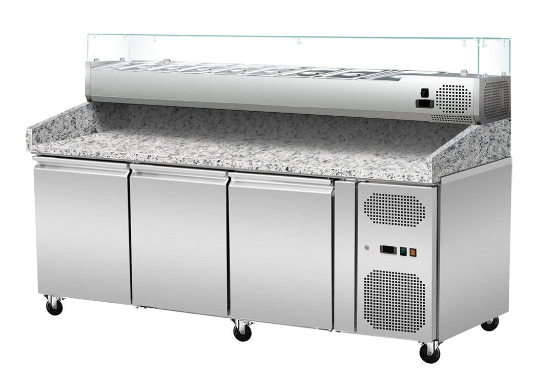 Pizza cooling table, granite pink-grey, 3 doors, 203 x 80 Cooling top GN1/4 with glass - Image 10