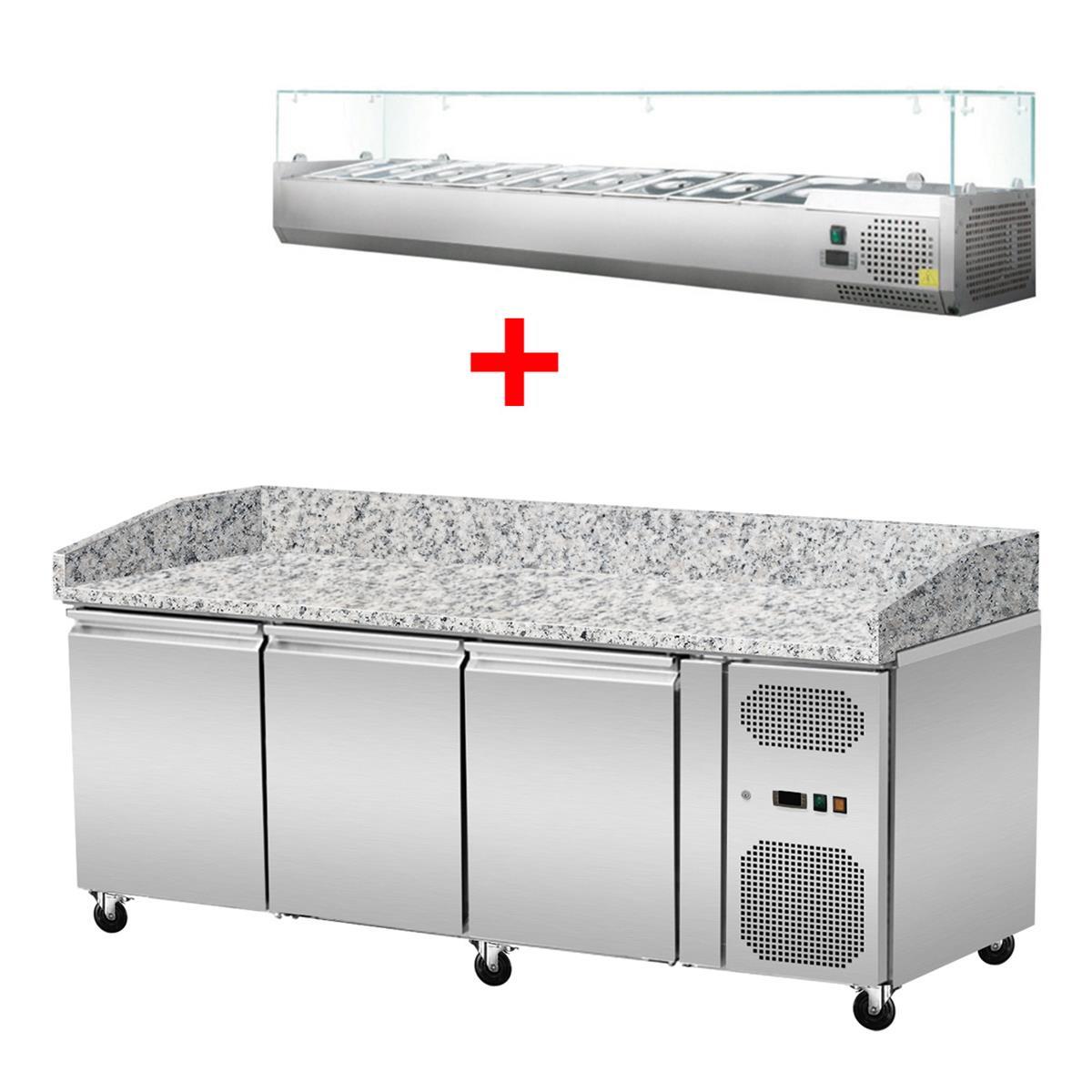 Pizza cooling table, granite pink-grey, 3 doors, 203 x 80 Cooling top GN1/3 with glass