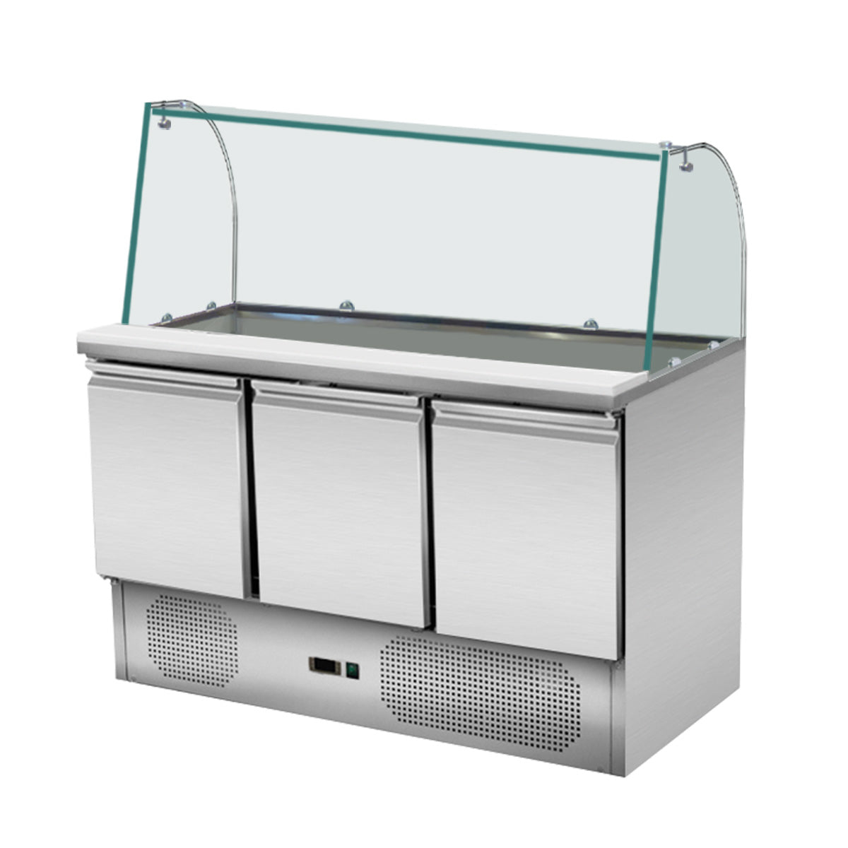 Saladette 3 doors, 137 x 70 curved glass superstructure, clear glass