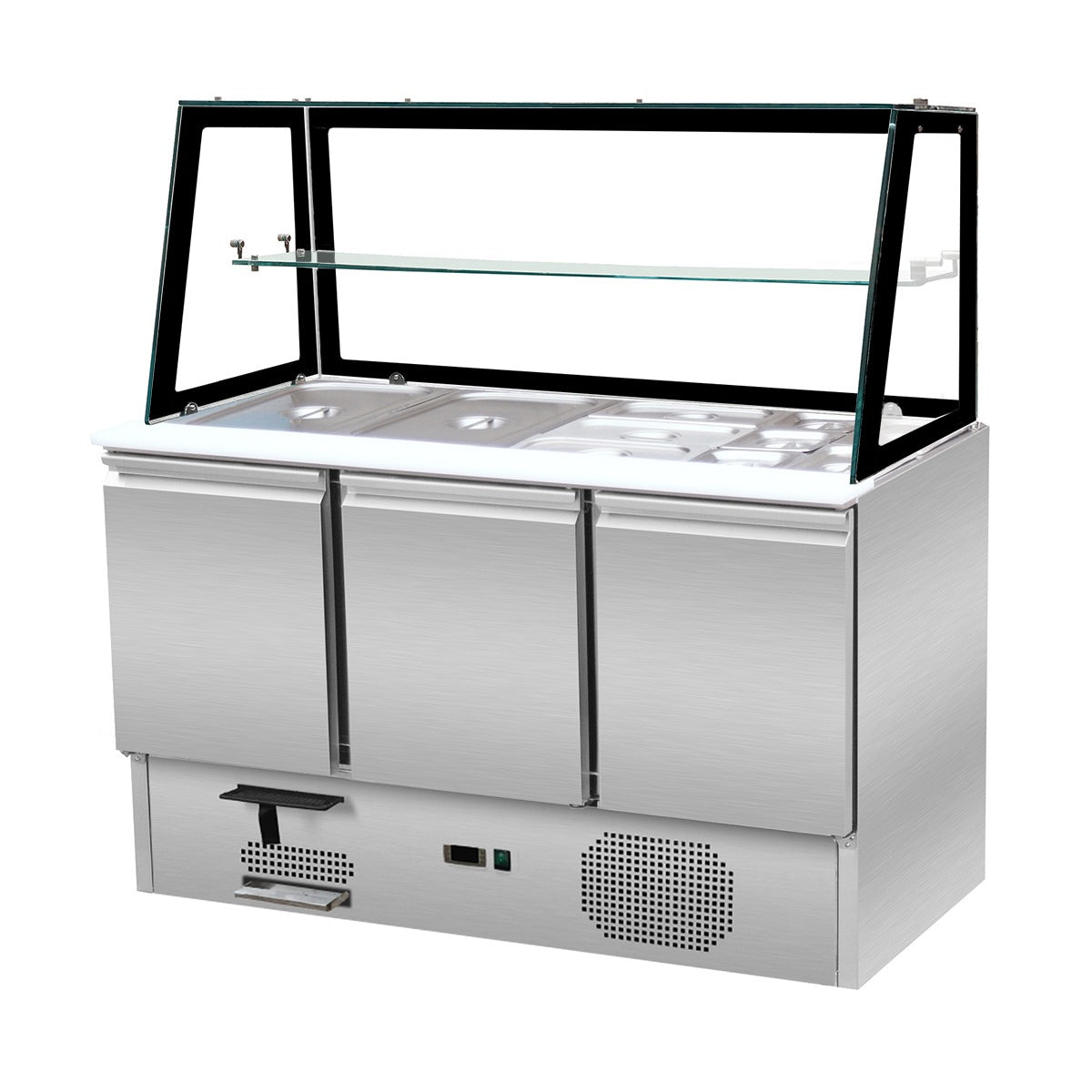 Saladette 3 doors,137 x 70 straight glass structure, clear glass with black rim