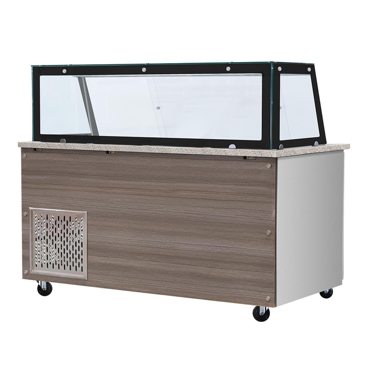 SNACK-Line, Kalte Theke, 4x GN1/1, Granit rosa-grau, 153x82x85.5 Klarglas schwarzer Rand, ohne Zwischenablage H=396mm