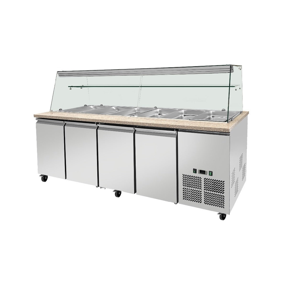SNACK-Line, Kalte Theke, 6x GN1/1, Granit rosa-grau, 223x82x85.5 Glasaufbau Klarglas  mit Zwischenablage, H=496mm